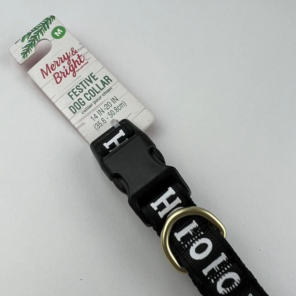 Merry & Bright Adjustable Holiday Themed Dog Collar.  “Ho Ho Ho” Black Size M